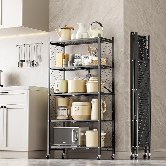Simple Deluxe 5-Tier Folding Storage Shelves, 27.95" W x 14.96" D x 63.78" H Foldable Shelving Unit, 1250 Lbs Loading Capacity, Black