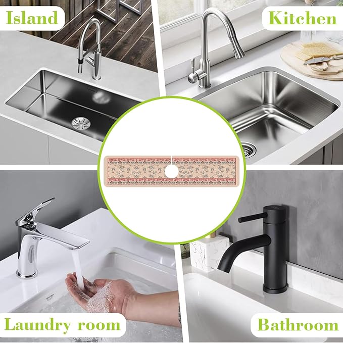 Sink Splash Guard Faucet Mat Retro Boho Flowers Absorbent Fast Drying Mat Sink Gadgets Splash Guard Behind Faucet Drip Catcher for Kitchen Bathroom 23.5"X5.5"
