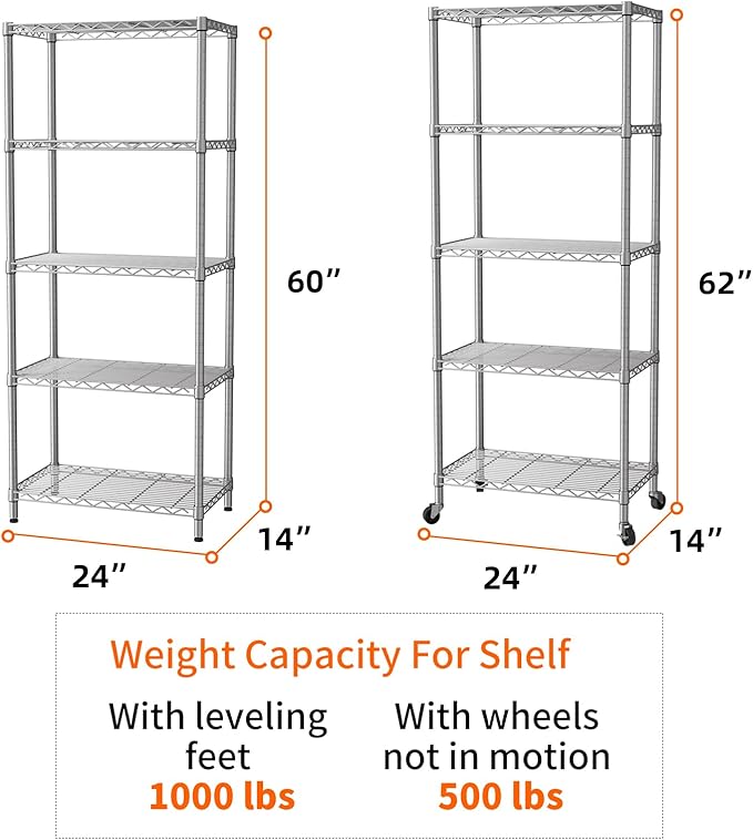 SINGAYE 5 Shelf Storage Wire Shelves Closet Bathroom Organizers Metal Pantry Kitchen Garage Shelving Unit Laundry Room Organization Home Narrow Rack Net Basket with Wheels White