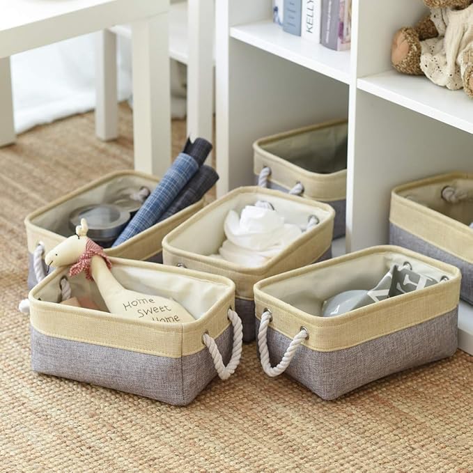Sacyic Fabric Storage Baskets for Organizing(6 Pack) Small Baskets for Shelves,storage, Laundry, Nursery, Closets, Decorative Baskets for Gifts Empty (Grey & gold, 11.8” x 7.8” x 5.1”)