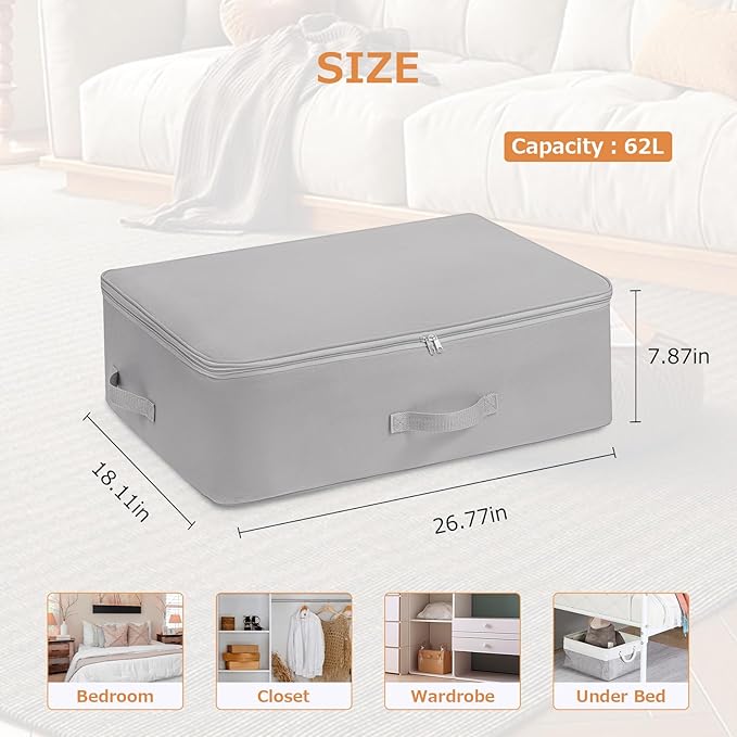 Surblue Clothing Storage Bags Clothes Organizer with Reinforced Handle Foldable Under Bed Storage Bags for Blankets Comforters Quilt Bedding Pillow Toy,3Pcs,Gery