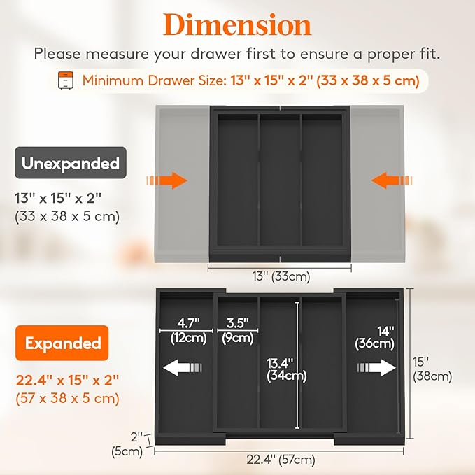 Lifewit Utensil Organizer for Kitchen Drawer, Expandable Cooking Utensil Tray, Cutlery Silverware Flatware Holder, Wood Adjustable Spatula Tools Storage Divider, 13-22x15/ 33-56x38cm, Black