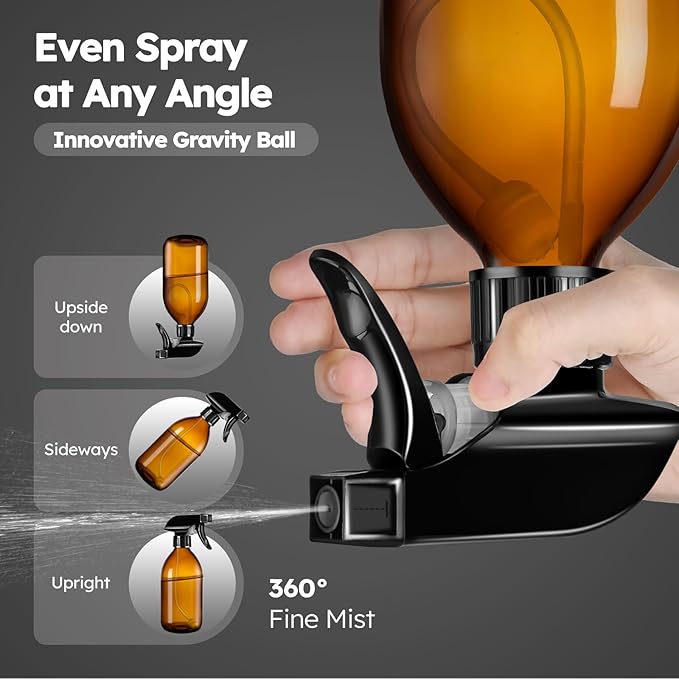 Tecohouse 2 Pack Amber 360° Glass Spray Bottles, 16 oz Empty Refillable Containers with Adjustable Spray Nozzles, Spray Bottles for Cleaning Solutions and Plants