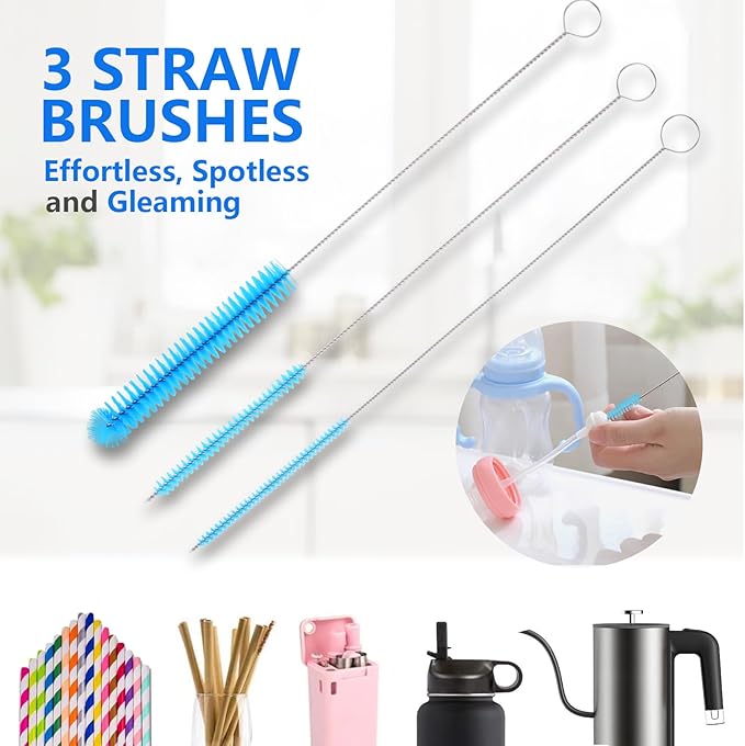 5 Pack Bottle Cleaner Brush, 15 Inches Stainless Steel Long Handle Baby Bottle Scrub Cleaning Brushes with Straw Cleaner Brush for Sports Water Bottle, Cups, Coffee Mugs, Glasswares