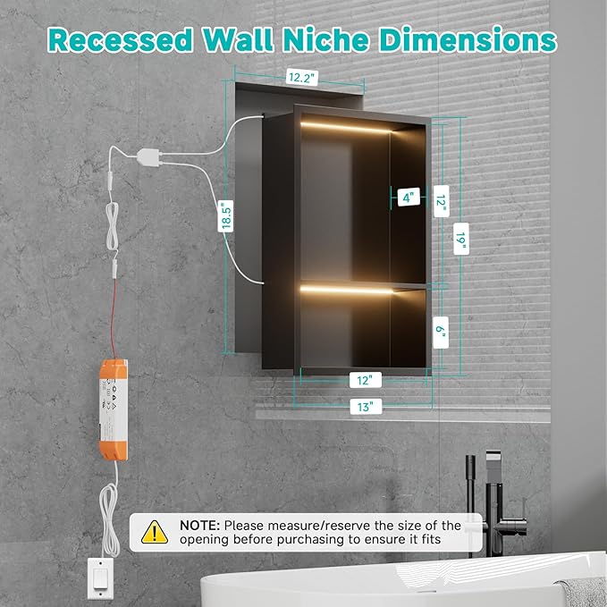 TSIBOMU 12" x 18" Stainless Steel Shower Niche with LED Lights – Recessed 2-Tier Shower Shelf, 12"x12" Upper & 12"x6" Lower Storage, Modern Bathroom Wall Niche (Black)