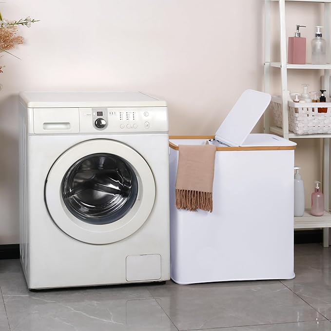 efluky Laundry Hamper with Lid, Double Laundry Hamper with 2 Removable Bags, 2 Section Laundry Basket with Bamboo Handles for Bathroom, Bedroom & Laundry Room -White