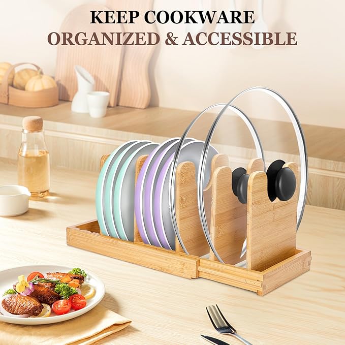 Bamboo Pot Lid Organizer, Pots and Pans Organizer Inside Cabinet, Pot Lids holder for Kitchen Countertop