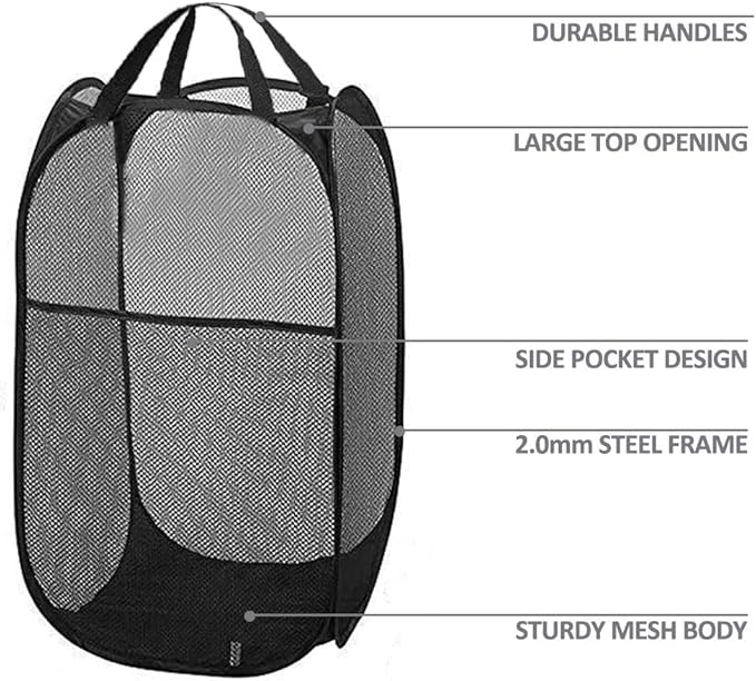 Mesh Pop up Laundry Hamper with Portable Handles, Collapsible Laundry Basket for Storage, Folding Pop-Up Clothes Hampers for Home, College Dorm or Travel, Black