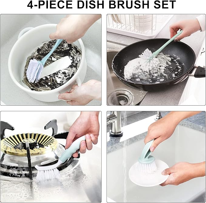 Dish Brush with Handle, Kitchen Dish Scrub Brush Set, 4-Piece Kitchen Cleaning Brush Set for Pots and Bottles, Nordic Green