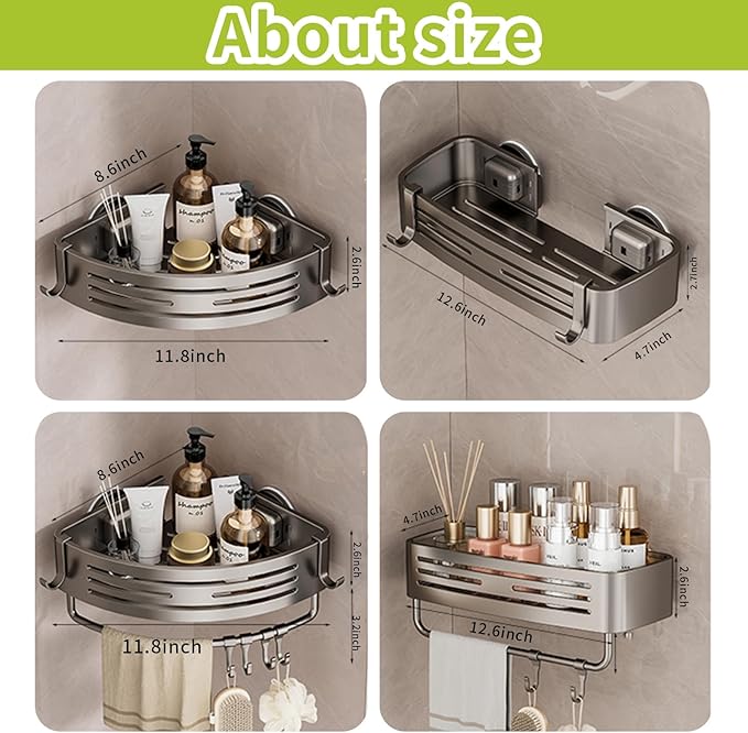 Shower Caddy Suction Cup, No Drilling Rustproof Bathroom Shower Shelf,Corner Shower Shelves with 6 Portable Hooks, Removable Bath Organizer with Towel Bar for Bathroom Hanging Storage(Gray)