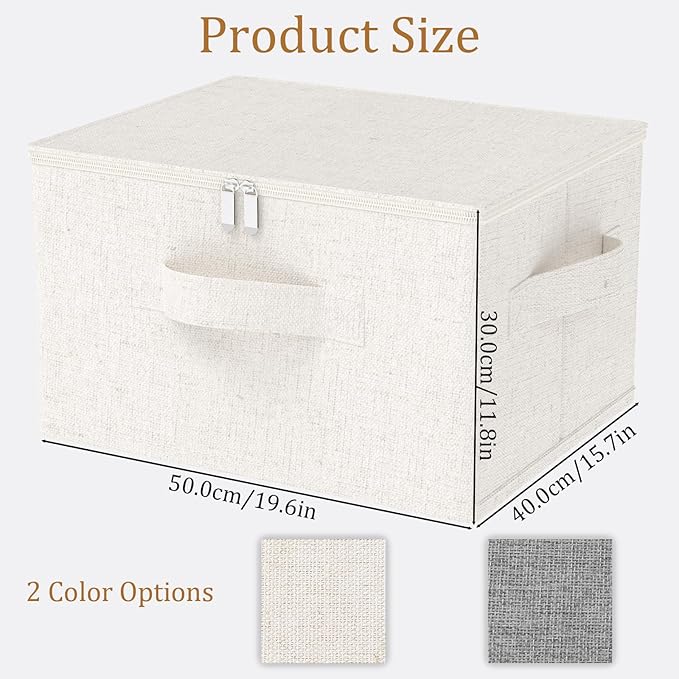 Fabric Underbed Storage Bins with Lid, Foldable Cube Organizer, Home Wardrobe Containers Box for Organizing Clothes, Shoes, Blankets, Pillows, 19.6x15.7x11.8Inches, Beige, 2 Pack