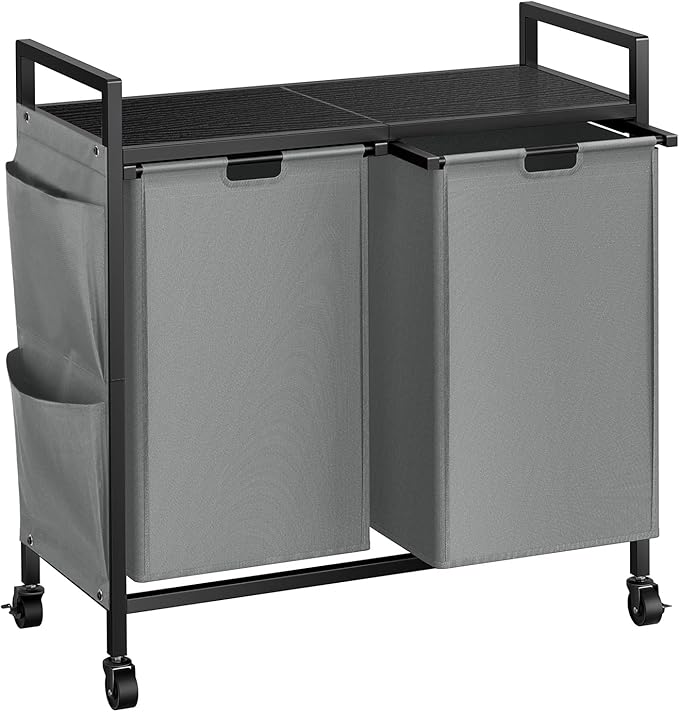 WOWLIVE Double Laundry Hamper with Lid,Rolling Laundry Basket Organizer with Wheels, Iron-Made Laundry Sorter with Top Shelf and 2 Removable Bags,Large Clothes Storage for Room,Gray