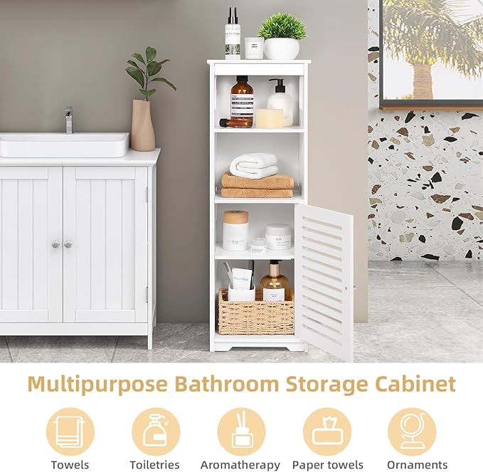 Small Bathroom Storage Cabinet, White Floor Standing Storage Cabinet Home Furniture Shelf,Suitable for Toilet Bedroom Kitchen Living Room