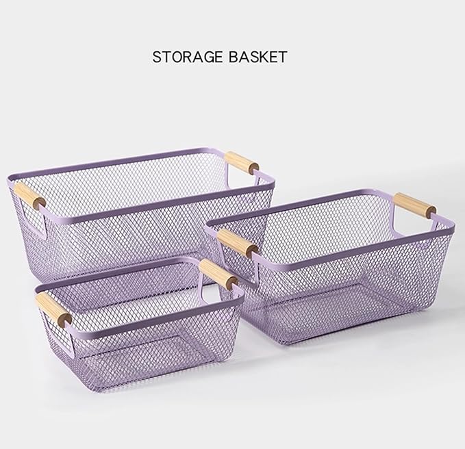 Metal Mesh Steel Basket, Large Wire Storage Organizer Basket Multi-function Hanging Kitchen Baskets with Wood Handle for Kitchen Bathroom Picnic Home, Rectangle-Purple