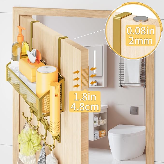 Kaiferty Over The Door Hooks Organizer, Coat Rack Over The Door Storage Hanger Towel Rack, Back of Door Storage Organizer for Bathroom,Bedroom,Kitchen,Office (Gold, 2-Tier)
