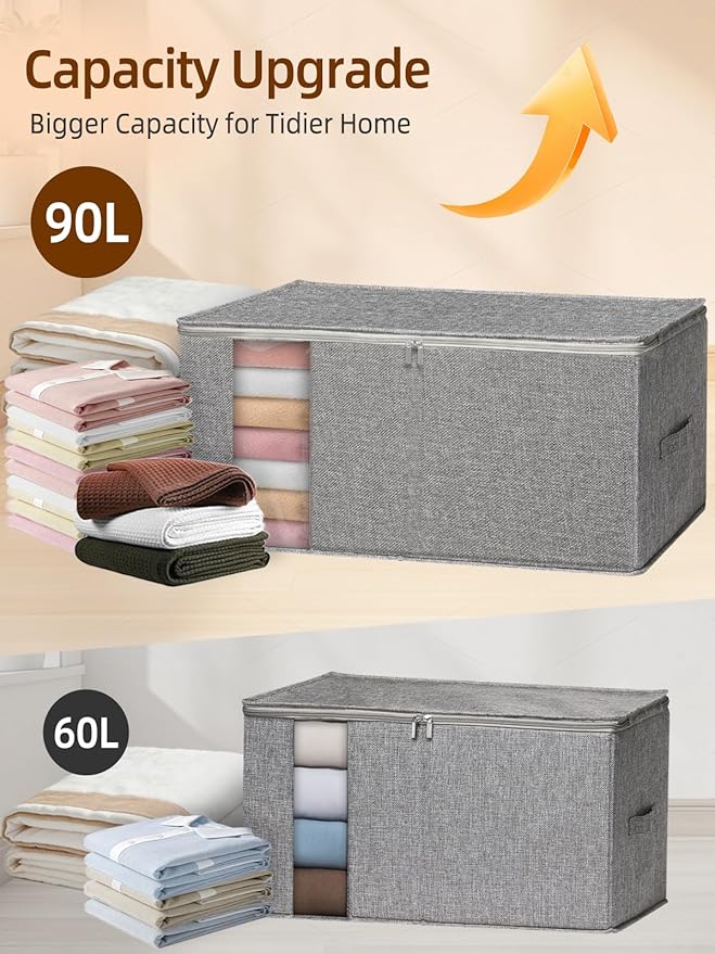 boailydi 90L King Size Comforter Storage Bag w/Rigid Panels, Large Blanket Organizer for Closet, Stackable & Foldable Container w/Clear Window & Smooth Zippers for Bedding Sets/Clothes, 2 Pack, Gray
