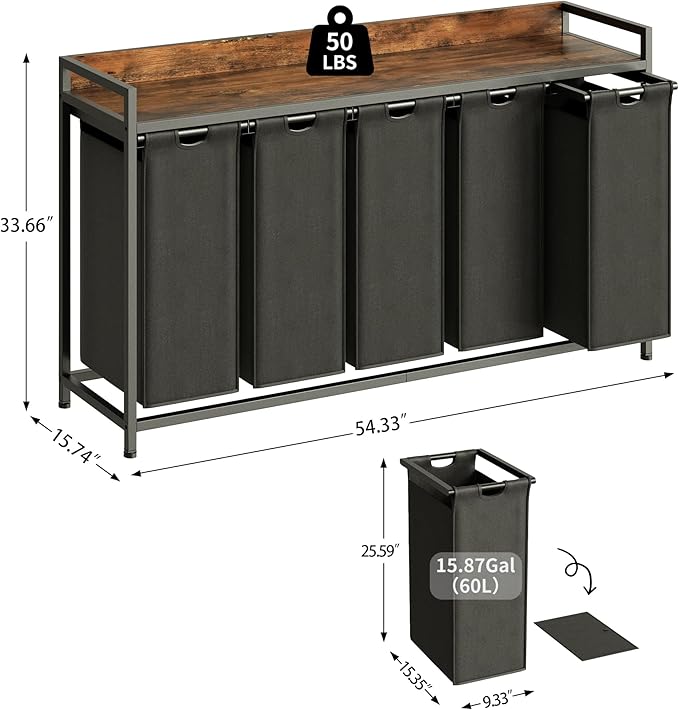 Laundry Hamper with Shelf, Laundry Basket 5 Section, Laundry Sorter with Pull-Out Removable Large Bags and Movable Wheels, Metal Frame, 5 x 15.87 Gallons (60L), Rustic Brown + Black PF08XLY