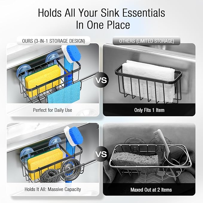 3-in-1 Kitchen Sink Caddy Organizer with Sponge Holder, Brush Holder, Extra Rack for Scrubber, Sink Stopper, Dish Cloth Hanger - Strong Dual Suction Cup, 2.0mm SUS304 Stainless Steel - Black