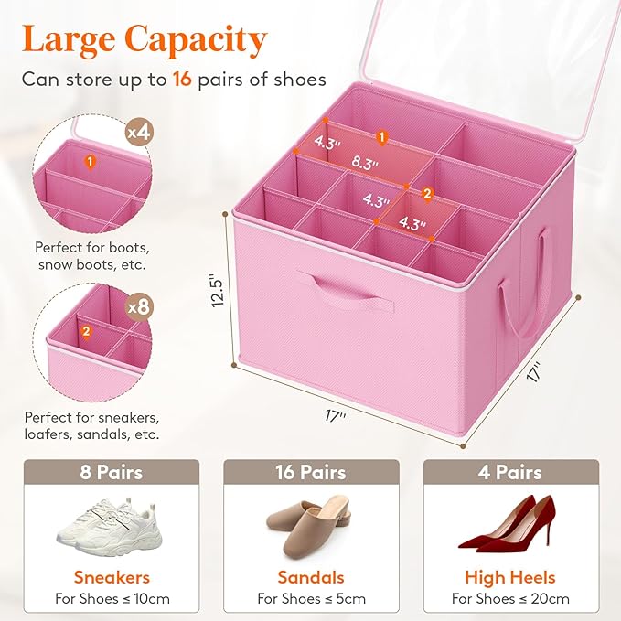 Lifewit Shoe Storage Organizer for Closet, Fabric Large Shoe Box Storage Containers with Clear Cover, Foldable Bins for Boots Heels Sneakers Fits 24-32 Pairs (Each 12-16 Pairs) 2 Pack Pink