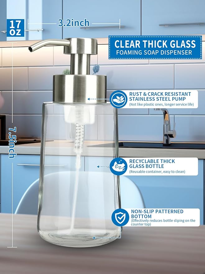 Doiliese Foaming Hand Soap Dispenser Set, 16 oz Large Glass Soap Dispenser, Foam Dispenser with Stainless Steel Pump & Waterproof Labels, Refillable Soap Bottles for Bathroom Countertop, 2 in 1