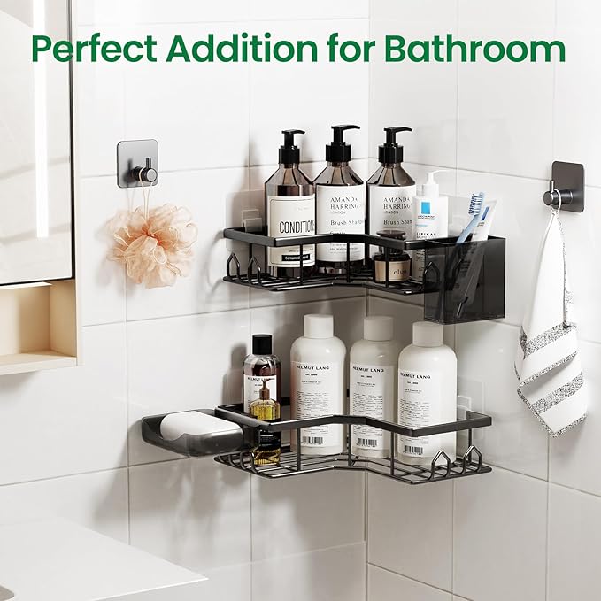 Adhesive Shower Caddy, 2 Pack Corner Bath Organizer, Rustproof Stainless Steel Shower Shelves with Large Capacity, No Drilling Shelves for Bathroom Storage, Home, Kitchen Décor