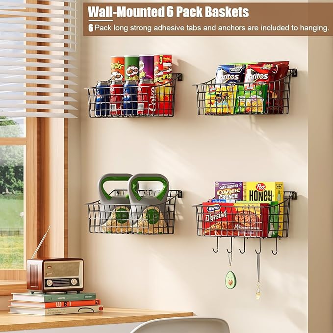 Sonyabecca 6 Pack Hanging Wall Basket for Organizing, Large Wire Basket for Storage Pantry with 5 S Hook+6 Adhesive Hook, Wall Mounted Shelf for Kitchen Bathroom