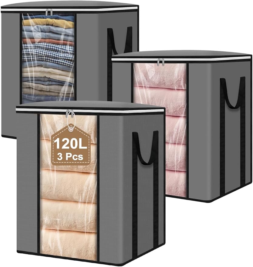 boailydi 120L Extra Large Blanket & Clothes Storage Bags for Bedding & Comforters & Pillow–Foldable Thick Waterproof Fabric with Clear Window,Dual Zippers & Sturdy Handles,3 Pack Seasonal Organization