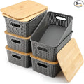 AREYZIN Storage Bins with Bamboo Lids Set of 6 Lidded Storage Container Plastic Baskets Organizer Bins for Organizing Kithen Room Bedroom Office Closet, Sturdy(Grey)
