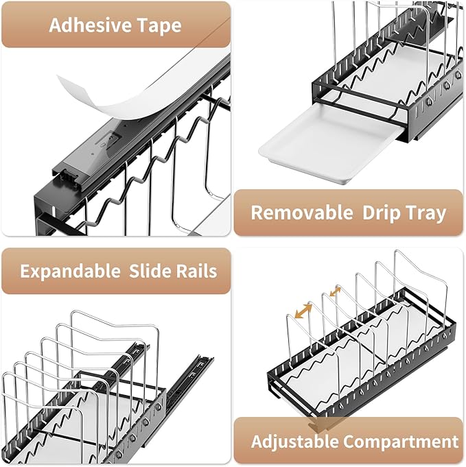 JAQ Pull Out Pots and Pans Organizer Under Cabinet, Slide out Pot Lids Rack Holder with Drain Tray for Plate Cutting Board Baking Sheet inside Cabinets, 10 Adjustable Dividers-Black