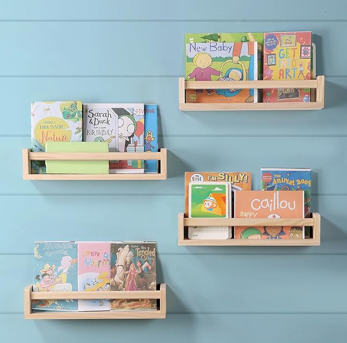 Nursery Room Shelves Set of 4, Wood Floating Book Shelves for Kids Room, Baby Book Shelf for Nursery, Kitchen Spice Rack (Natural Wood)
