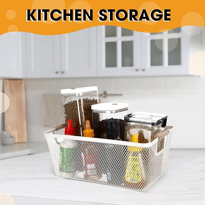 4 Pcs Metal Wire Basket with Wooden Handles Mesh Steel Storage Organizer Bin Containers for Home Organizing Cabinet Pantry Closet Kitchen Fridge Fruit Makeup Snacks Gifts(Large,Cream White)