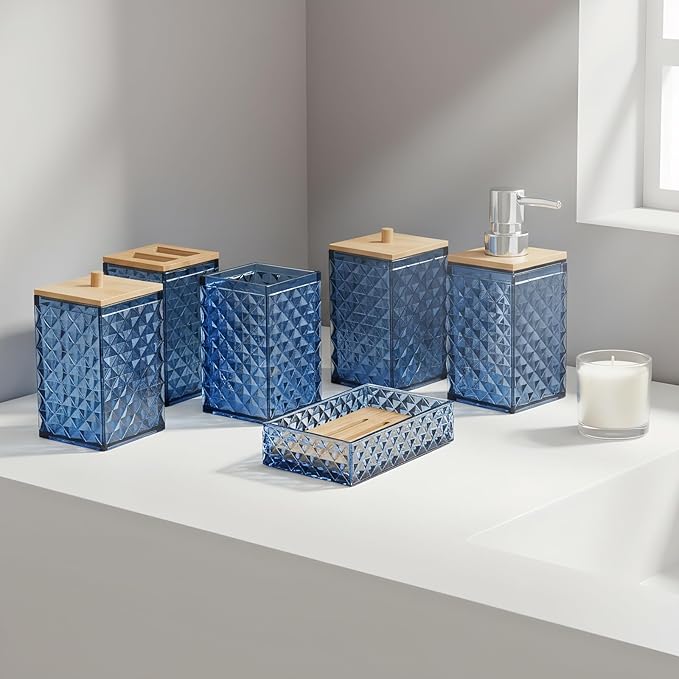 Bathroom Accessory Set,6 Pcs Blue Bathroom Set Include Soap Dispenser, Qtip Holder Dispenser, Soap Dish,Toothbrush Holder & Mouthwash Cup.Boho Bathroom Set