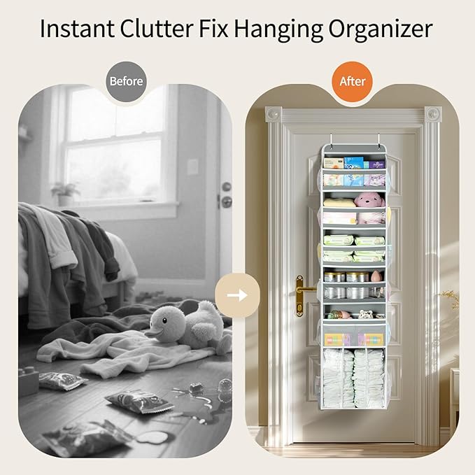 Yecaye 6 Tier Over The Door Organizer with Detachable Bin, Stuffed Animal Storage with Clear PVC Windows, Door Organizer Hanging for Bedroom Nursery Closet Dorm Room Laundry Pantry Bathroom, Grey