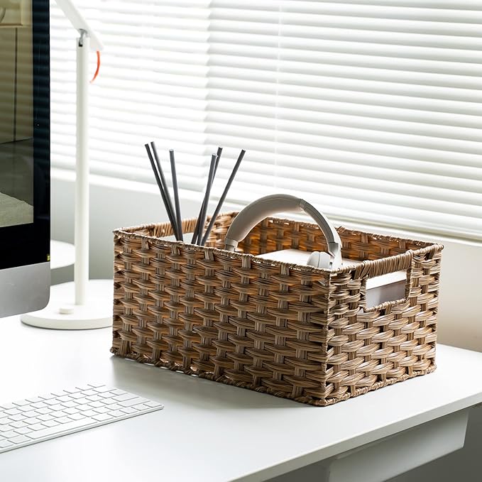 Wicker Baskets 2 Pack, Wicker Storage Basket with Handles, Waterproof Woven Baskets for Organizing, Large Storage Basket 15" and Medium 14", Brown
