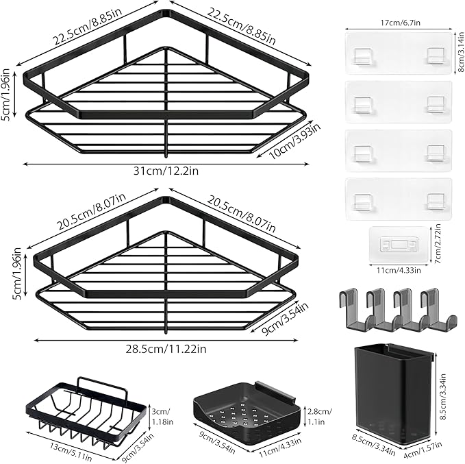 Corner Shower Caddy, 5-Pack Adhesive Shower Corner Organizer Shelves, No Drilling Stainless Steel Shower Storage Rack with Soap&Toothpaste Holder for Bathroom, Dorm and Kitchen (black)