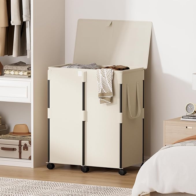 Chrislley 160L Large Double Laundry Hamper with Lid and 6 Wheels, Rolling Laundry Basket with 2 Removable Bags, Heavy Duty Metal Frame Laundry Cart, Dirty Clothes Hamper for Bathroom, Bedroom (Beige)