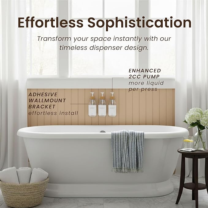 MaisoNovo Shampoo and Conditioner Dispenser - Shower Soap Dispenser Wall Mounted - 16.9 fl oz Set of 3 Clear Plastic Bottles White Bamboo Pump - Shampoo Dispenser, Shower Dispenser 3 Chamber No Drill