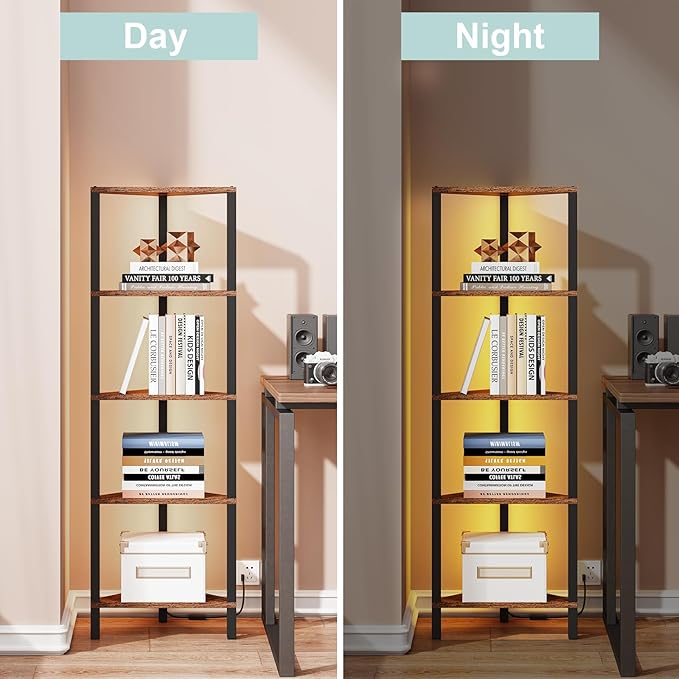 TUTOTAK Corner Shelf with LED Light, 5-Tier Corner Bookshelf for Small Space, Narrow Display Corner Shelf Stand with Storage Rack, for Living Room, Bedroom, Rustic Brown BS05BB005L