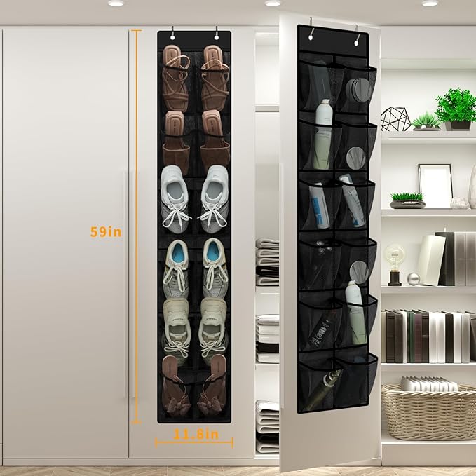 MSLOVE Narrow Over The Door Shoe Organizer, 12 Large Mesh Pockets Hanging Shoe Organizer for Closet Organizers and Storage, Black, 2 Pack