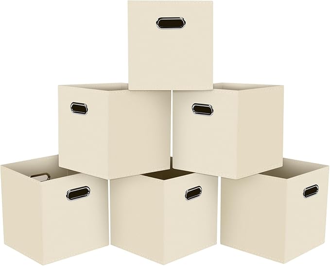 Black Foldable Storage Cubes Bins, Fabric Storage Box Cubes Organizer Baskets with Dual Handles for Home Organizer,Set of 6,(Creamy-White)