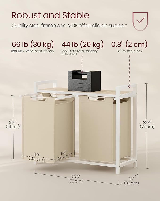 VASAGLE Laundry Hamper, Laundry Basket Sorter with 2 Pull-Out and Removable Bags, Shelf, Metal Frame, 2 x 12.1 Gallons (46 L), 28.8 x 13 x 28.4 Inches, Cappuccino Beige and Natural Beige UBLH201LH01