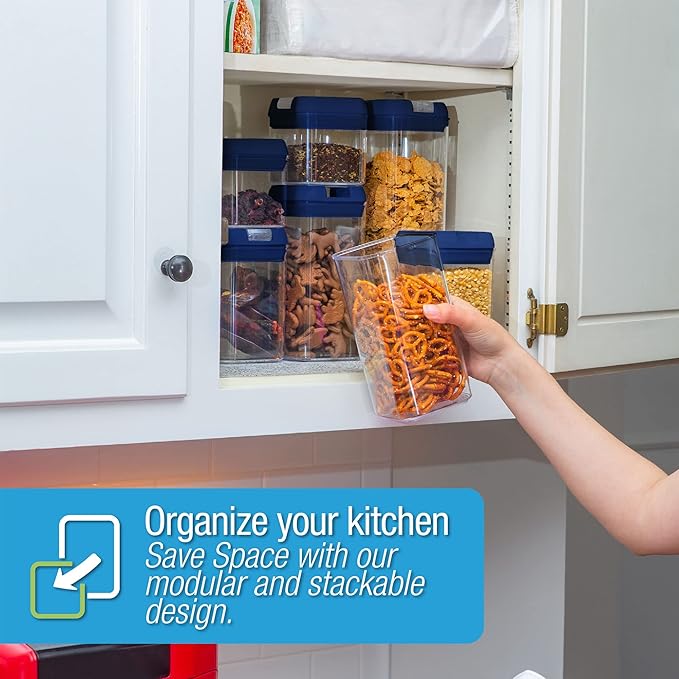 Set of 7 Airtight Food Storage Containers - Pantry Organizer Bins, BPA Free Plastic Containers plus Dry Erase Marker and Labels, Navy Blue