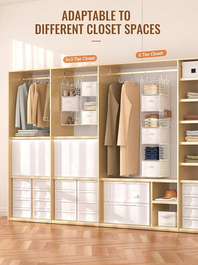 Closet Hanging Organizer with Drawers, 6 Tier Metal Closet Organizers and Storage with 4 Hanging Hooks 4 S-Hooks for Wardrobe Laundry Room, Wire Storage Shelf for Clothes Sweaters Pants (White)