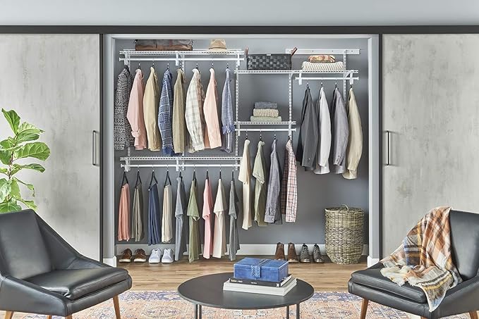 ClosetMaid ShelfTrack Wire Closet Organizer System, Adjustable from 5 to 8 Ft., with Shelves, Clothes Rods, Hardware, Durable Steel, White