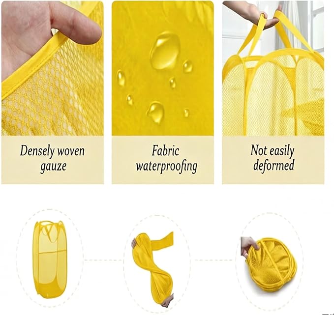 The upgraded pop-up laundry basket features a breathable side pocket mesh design, making it ideal for rooms, apartments, dormitories, travel, business trips, and children's storage (1,yellow)
