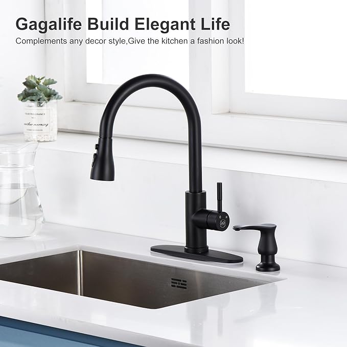 GAGALIFE Sink Soap Dispenser Matte Black, Built in Soap Dispenser with 17 OZ Bottle, Lotion Dispenser for Kitchen Sink, Refill from The Top