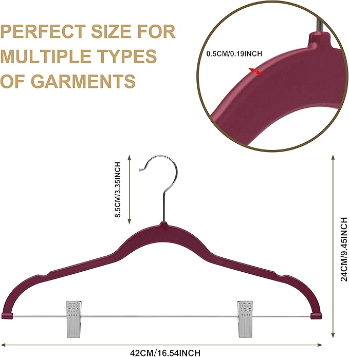 Quality Hangers Plastic Non Velvet Non-Flocked Thin Compact Skirt and Pant Hangers with Metal Clips - Suited for Pants Blouses Coats - 360° Swivel Hook (Raspberry, 20)