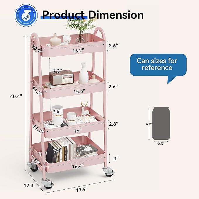 OLIXIS 4 Tier Utility Rolling Cart, Metal Mobile Storage Shelf with Lockable Caster Wheels, Organization for Livingroom, Bathroom & Narrow Places, 4-Tier Pink