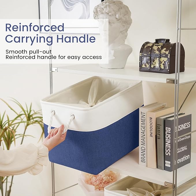 Large Storage Baskets- 16x12x12 inch Storage Bins for Shelves and Closet Organizing, Foldable Fabric Bin for Home Organization Clothes and Laundry (1-Pack, White&Blue)