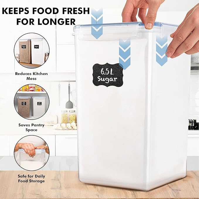 WHITE FEATHER SUPPLIES 2 PC [6.5L / 220 Oz] Large Flour Sugar Storage Containers - Leak Proof, BPA Free, Clear Plastic Food Storage Containers with Lids Airtight - Bulk Storage for Kitchen and Pantry